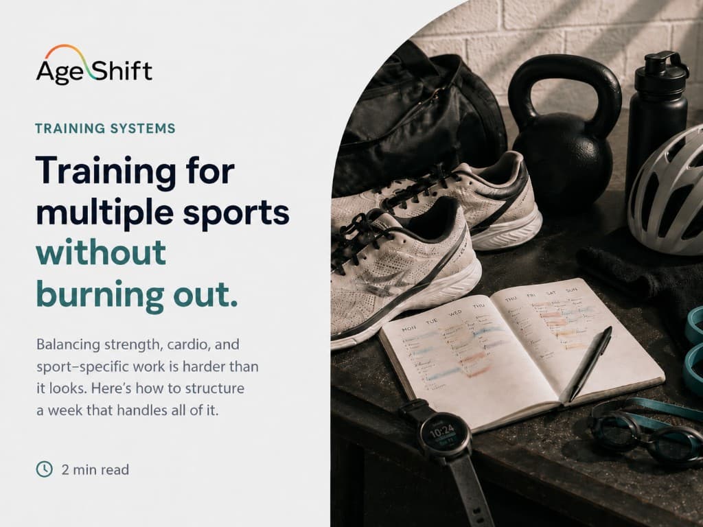 Training for multiple sports without burning out — AgeShift blog cover with sports gear and weekly planner