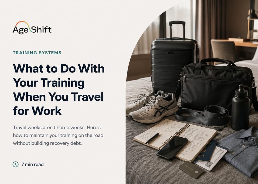 What to Do With Your Training When You Travel for Work — running shoes, luggage, and training gear on a hotel bed